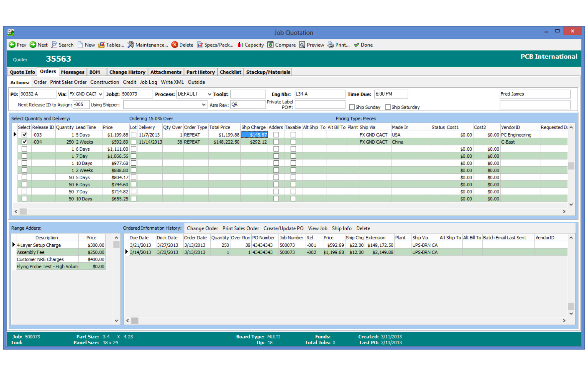 quote specific parameters select quantities to order